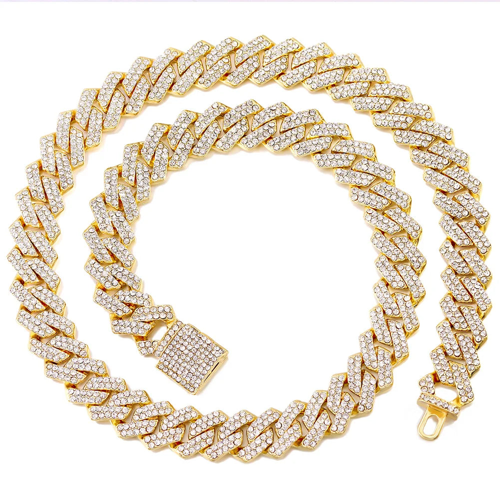 Iced Out Cuban Link Chain – Rhinestone Hip-Hop Necklace for Men & Women