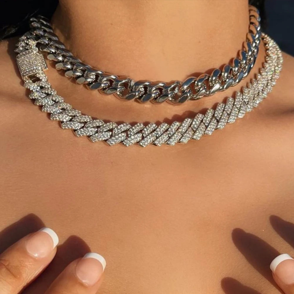 Women’s 14MM Cuban Link Choker – Rhinestone Bling Miami Chain