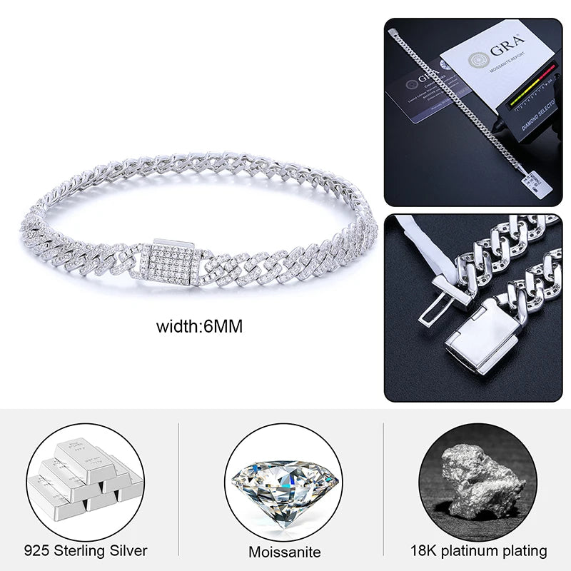 925 Sterling Silver Moissanite Cuban Bracelet – 6MM, Hip-Hop Style