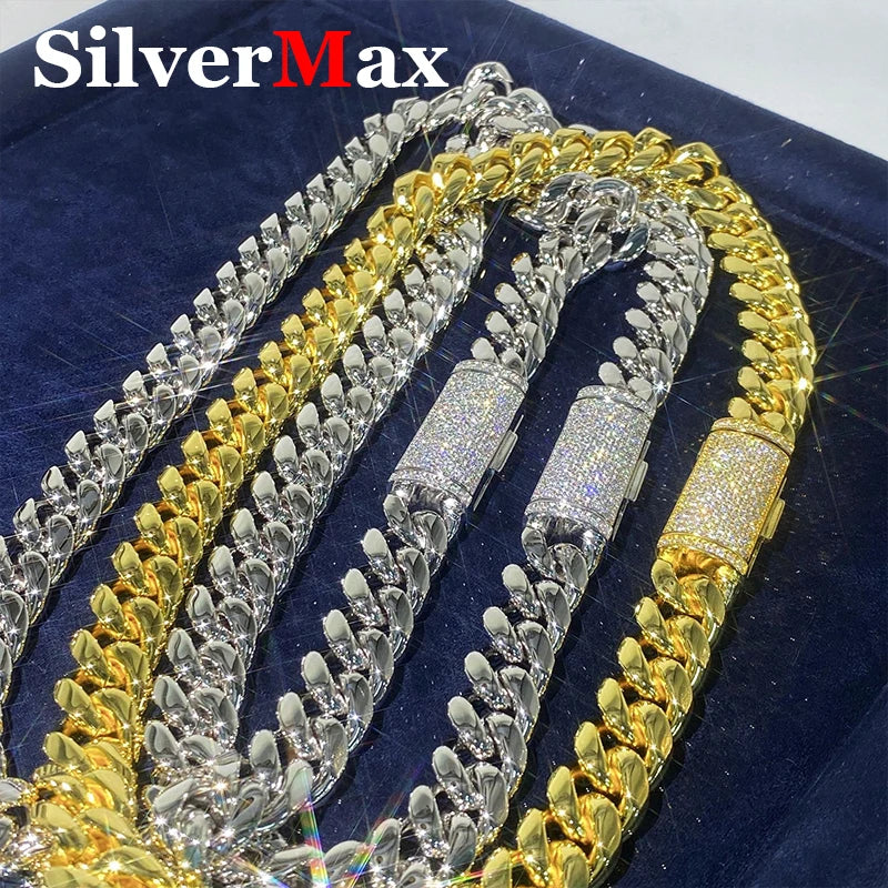 Moissanite Cuban Chain Set – Necklace & Bracelet, Stainless Steel with Silver Buckle