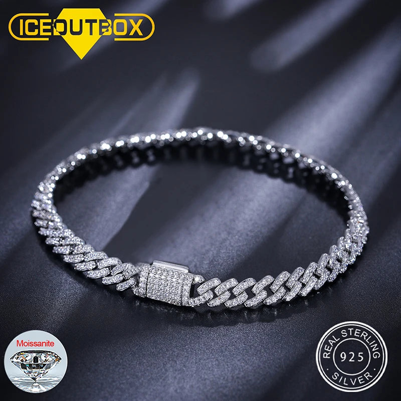 925 Sterling Silver Moissanite Cuban Bracelet – 6MM, Hip-Hop Style