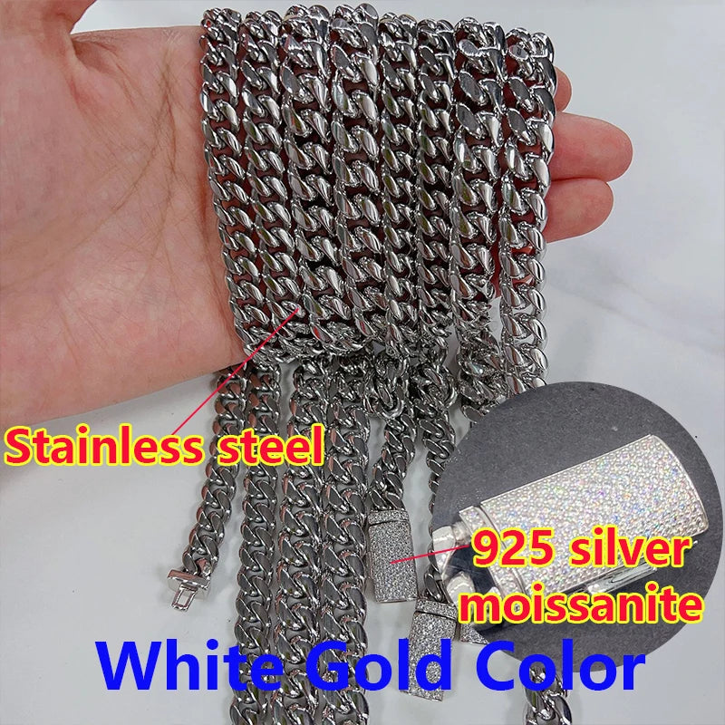 Moissanite Cuban Chain Set – Necklace & Bracelet, Stainless Steel with Silver Buckle