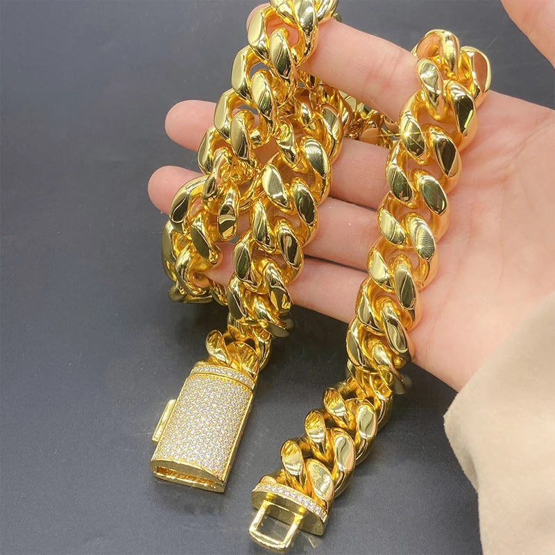 Moissanite Cuban Chain Set – Necklace & Bracelet, Stainless Steel with Silver Buckle