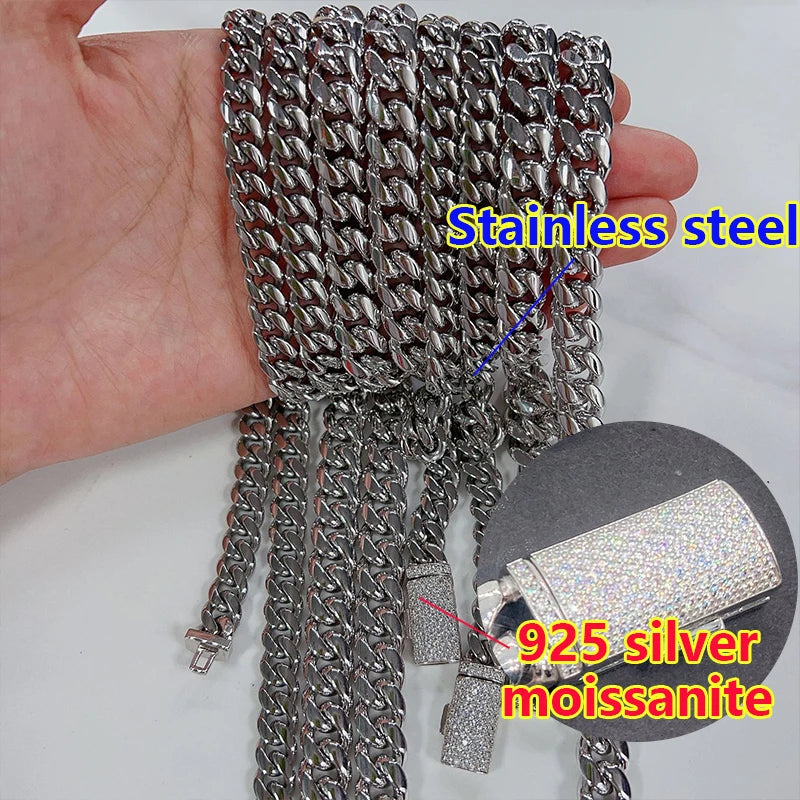 Moissanite Cuban Chain Set – Necklace & Bracelet, Stainless Steel with Silver Buckle