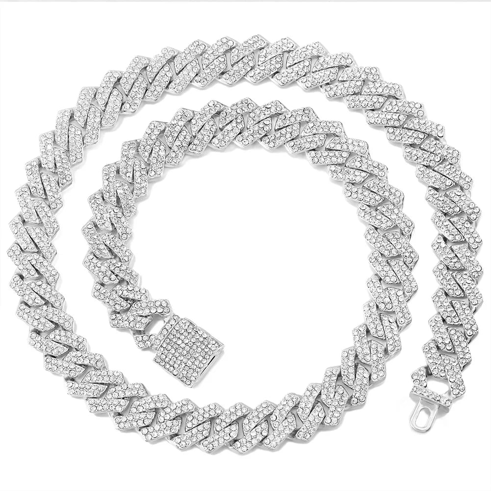 Iced Out Cuban Link Chain – Rhinestone Hip-Hop Necklace for Men & Women